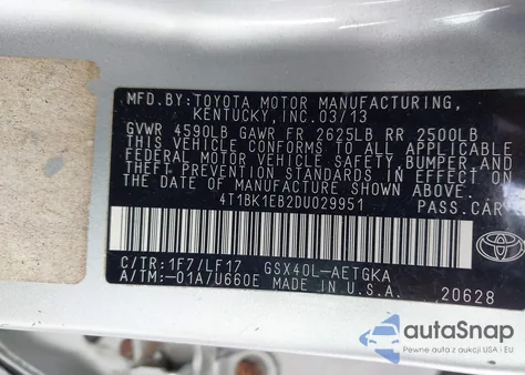 2013 Toyota Avalon Xle Premium z USA, uszkodzony, nr VIN 4T1BK1EB2DU029951